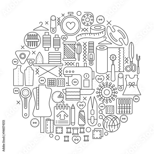 Sewing tools concept in circle - concept line vector illustration for cover, emblem, badge. Cutting supplies stroke outline icons set.
