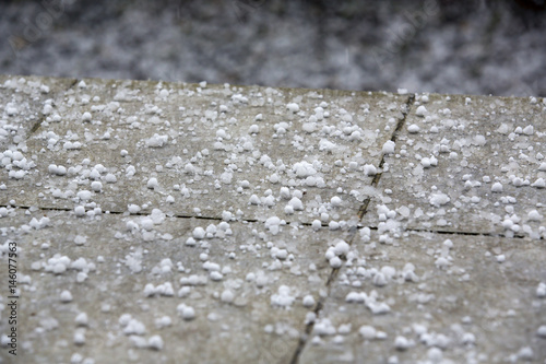Snow pellets on the ground. Also known as graupel, precipitation that forms when supercooled droplets of water are collected and freeze on falling snowflakes, forming 2–5 mm balls of rime photo