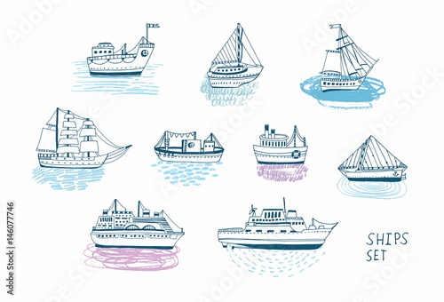 Hand drawn doodle ships set. Colorful illustrations collection.