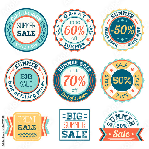 Set of vintage retro summer sale logos labels, posters, stickers, badges. Vector illustration.