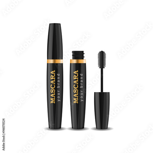 Vector black realistic 3d mascara. Cosmetic package.