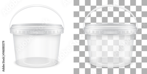 Transparent empty plastic bucket for storage of food or non-food products. Vector packaging template illustration.