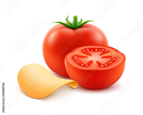 Vector Potato Crispy Chips with Red Tomato Close up Isolated on White Background