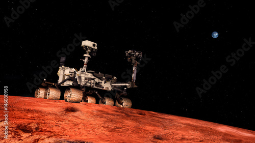Fototapeta Naklejka Na Ścianę i Meble -  Extremely detailed and realistic high resolution 3D image of Space Exploration Vehicle Curiosity searching for life on Mars. Shot from outer space. Elements of this image are furnished by NASA.