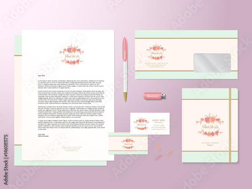 Lilies Logo Template and Realistic Vector Stationary Set with Soft Shadows. Good as Template or Mock Up for Business Identity.