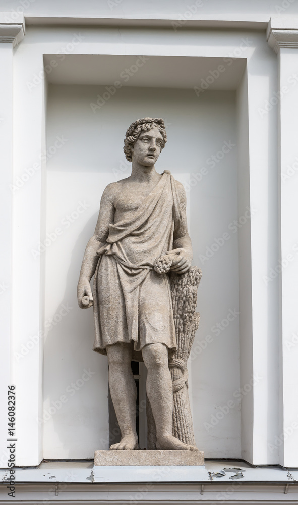 God Adonis. Statue of Pudozh stone in the niche of the Kitchen Corps of the Elagin Island Palace and Park Complex in St. Petersburg