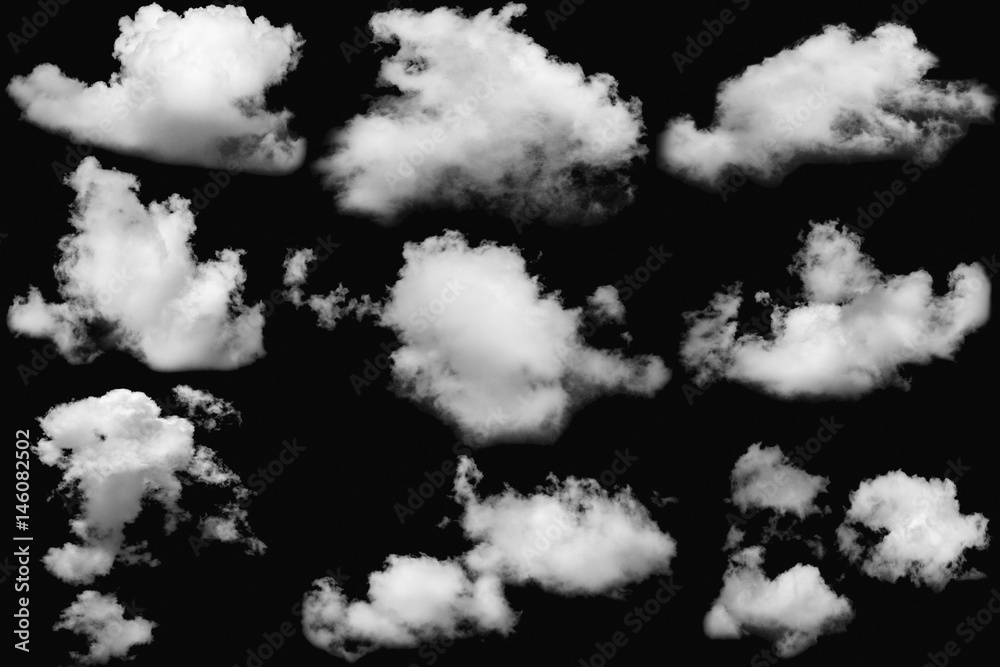 Set of clouds white on isolated elements black background. Set of clouds white on isolated elements black background.