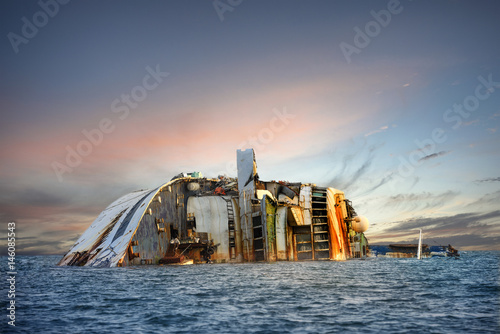 Canvastavla disaster of the passenger vessel capsize and sunk into the sea ocean at sunset