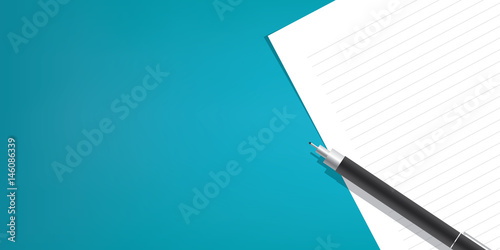 The pen is placed above the line paper on a blue background illustration vector, Education concept.