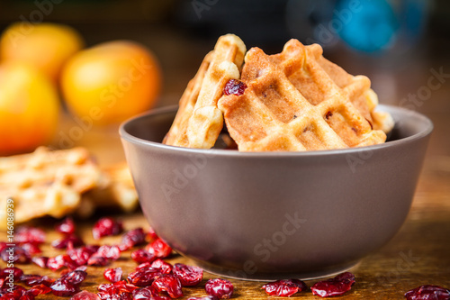 Delicious homemade shortbread waffles with dried cranberries in a brown ceramic bowl closeup. Selective focus, very shallow depth of field photo