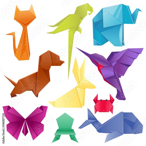 Animals origami set japanese folded modern wildlife hobby symbol creative decoration vector illustration.