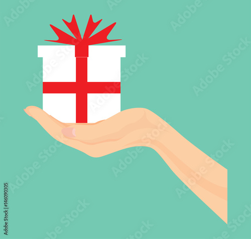 Vector of hand open giftbox, Give, presenting gift with red ribbon.