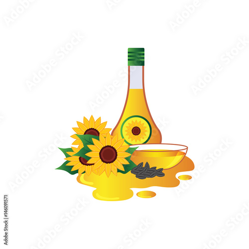 sunflower oil, flower, seed sunflower concept in the bottle. vector illustration