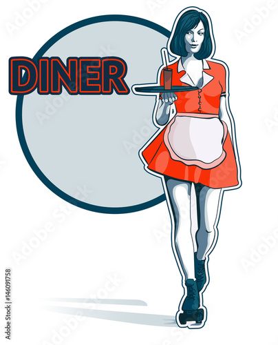 Waitress with a tray on roller skates, vector art. Waitress from a diner. Short skirt.