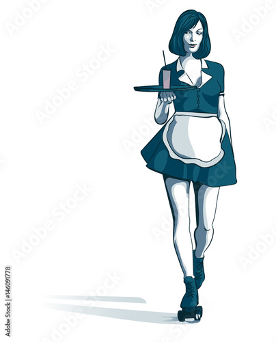 Waitress with a tray on roller skates, vector art. Waitress from a diner. Short skirt.