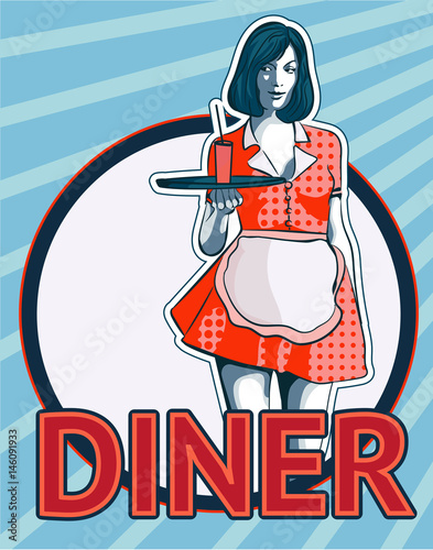 Waitress with the tray. Diner. Retro-styled vector image