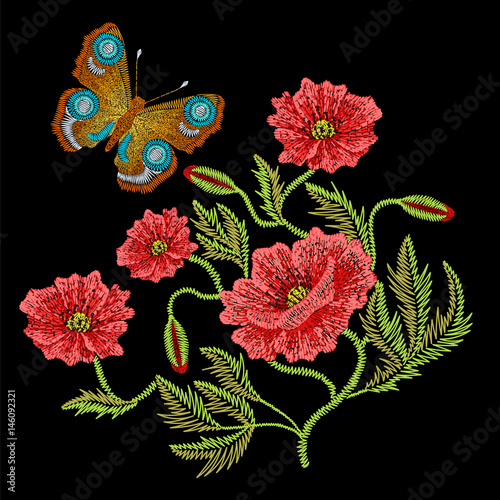 Embroidery stitches with red poppy wild flowers, peacock butterfly, fashion patch. Vector embroidered ornament on black background for traditional folk floral decoration, ethnic pattern.