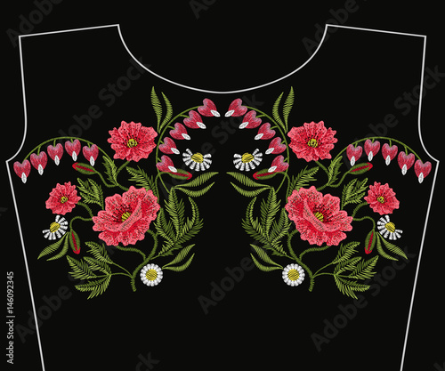Embroidery stitches with red poppy  chamomile  Broken Heart wild flowers for neckline. Vector embroidered ornament on black background for traditional folk floral decoration.