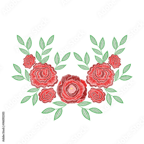 Embroidery stitches with rose flowers for neckline. Vector fashion embroidered ornament, pattern for textile, fabric traditional folk decoration.