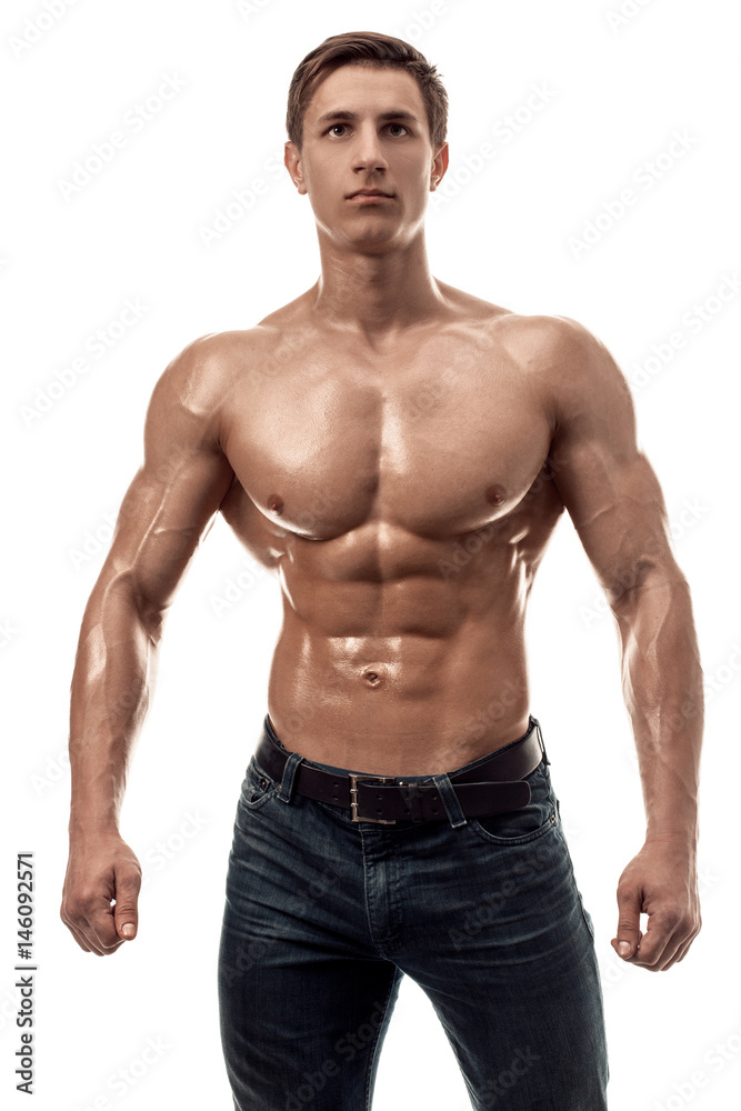 Fototapeta premium Muscular handsome young man with naked torso. Isolated on white background.