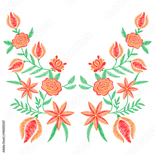 Embroidery stitches with spring flowers, wildflowers, roses in pastel color for neckline. Vector fashion embroidered ornament, fancywork pattern for textile, fabric traditional folk decoration.