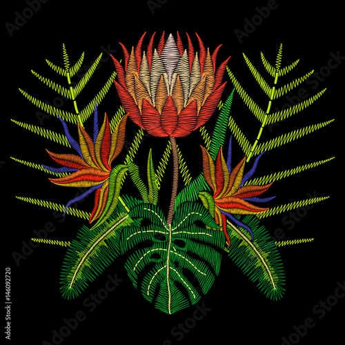 Embroidery stitches with tropical flowers, protea wildflowers. Vector fashion ornament on black background for textile, fabric traditional folk decoration.