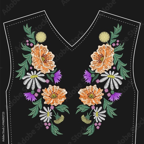 Embroidery stitches with wild flower, chamomile, violet poppy. Fashion patch for neckline. Vector embroidered illustration on black background, ethnic pattern. Traditional trend ornament.