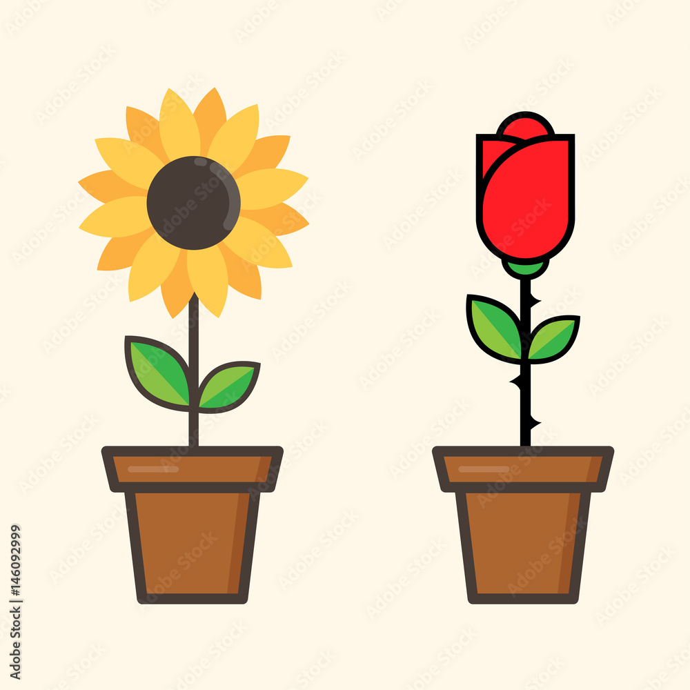 cartoon sunflower and red rose in a flowerpot