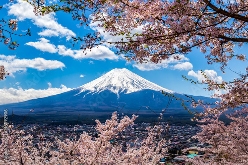 The Mount Fuji and cherry blossoms.The shooting location is Lake Kawaguchiko, Yamanashi prefecture Japan.