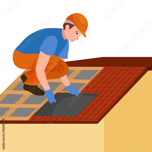 roof construction worker repair home, build structure fixing rooftop tile house with labor equipment, roofer men with work tools in hands outdoors renovation residential vector illustration