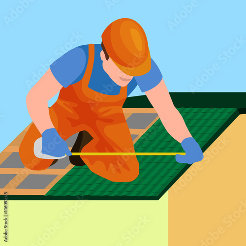 roof construction worker repair home, build structure fixing rooftop tile house with labor equipment, roofer men with work tools in hands outdoors renovation residential vector illustration