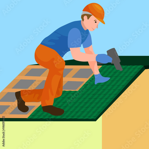 roof construction worker repair home, build structure fixing rooftop tile house with labor equipment, roofer men with work tools in hands outdoors renovation residential vector illustration