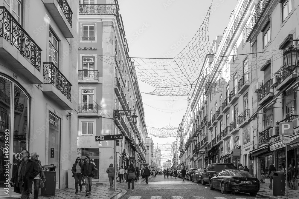 Lisbon, Portugal.- January 11, 2017: Old Town Lisbon on January 11, 2017. street view of typical houses in Lisbon, Portugal, Europe