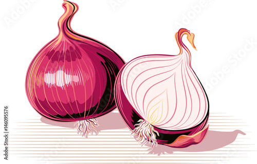 Red onion whole and one cut in half.