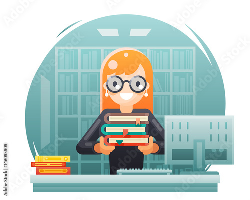 library knowledge education learning librarian girl holding book flat design vector illustration