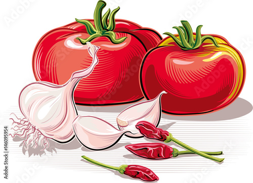 Composition with garlic, tomatoes and some hot peppers.