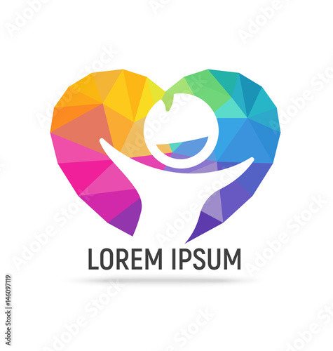 Polygonal happy kid in rainbow heart shape. Low poly healthcare logotype