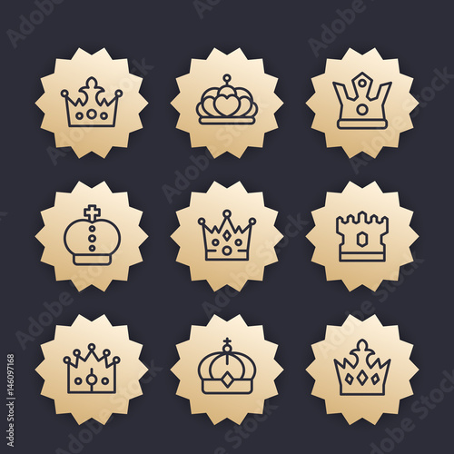 crowns line icons, vector badges set, royalty, king, monarch, sovereign, princess coronet