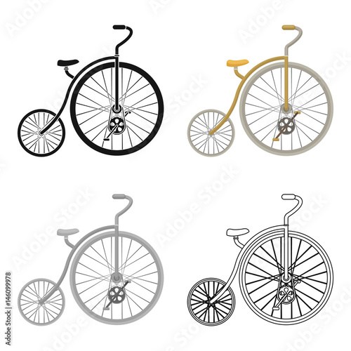 Vintage bicycle. The first bicycle. Huge and small wheel.Different Bicycle single icon in cartoon style vector symbol stock illustration.
