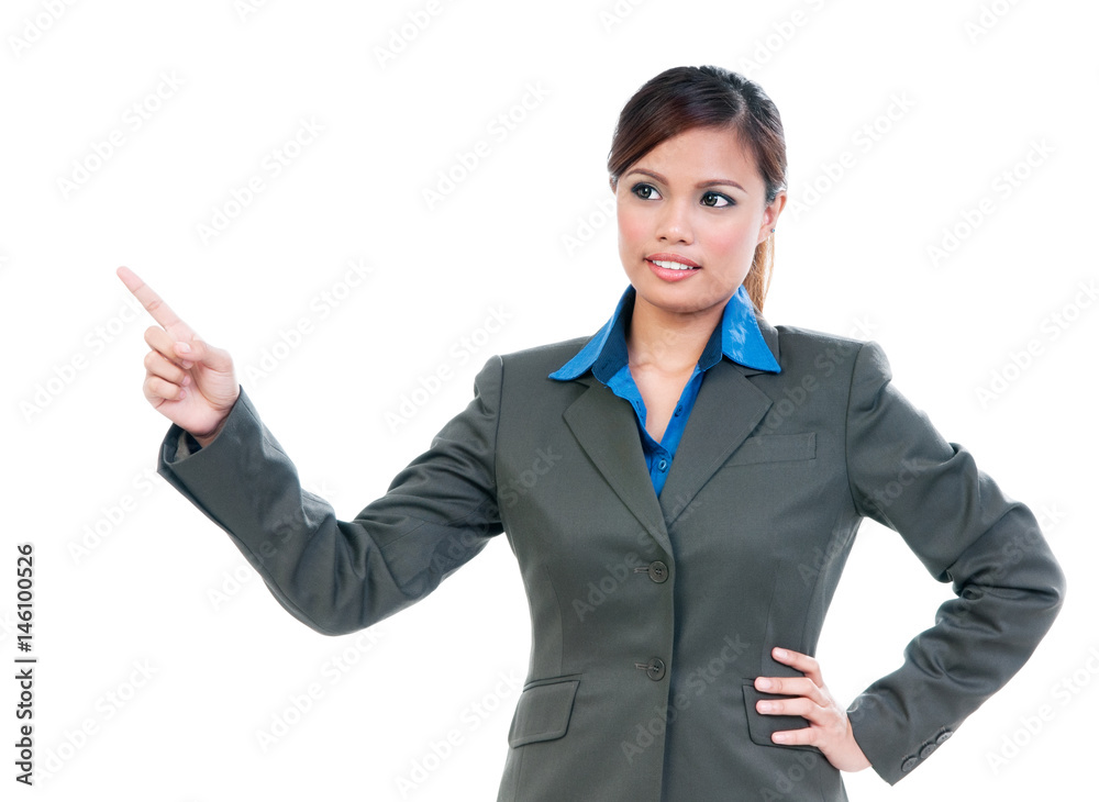 Young business woman finger pointing up over white background Young business woman finger pointing up over white background