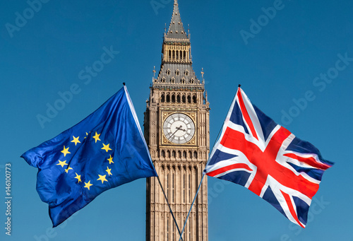 European Union and UK flags in front of Big Ben, Brexit EU