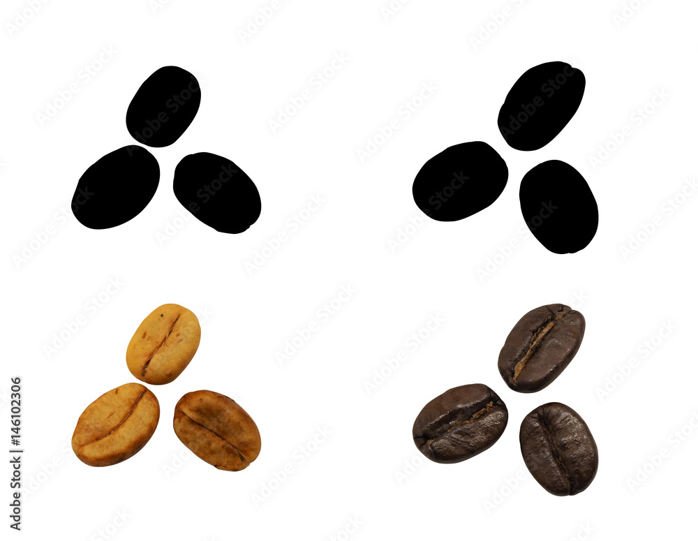 Roasted coffee beans and not roasted coffee bean, isolated and black picture for die-cut