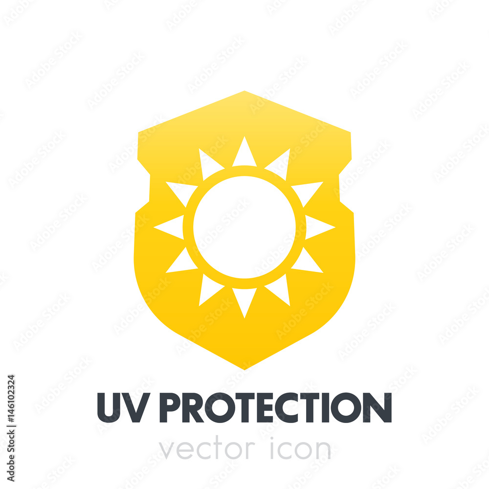 Fototapeta premium UV protection, sun on shield icon, symbol on white