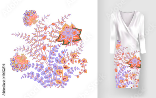 Embroidery colorful trend floral pattern. Vector traditional ornamental flowerspattern on dress mock up. Can be used in dressing clothes, textiles, household items.
