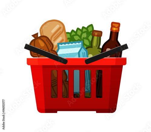 Grocery shopping. Basket, store, food and drinks icon. Cartoon vector illustration