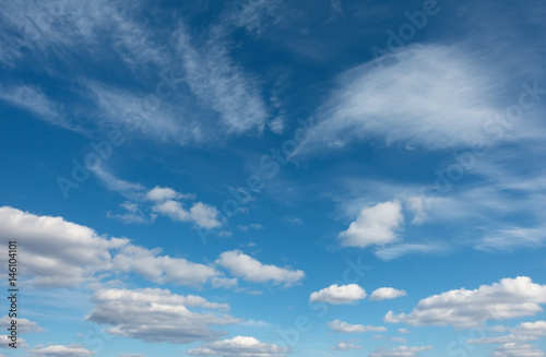 Blue sky with clouds over horizon.