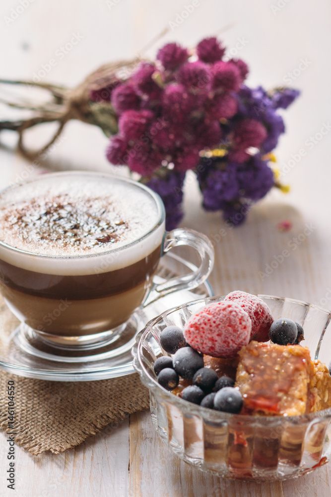 Sweet fruit dessert and cappuccino cup Sweet fruit dessert and cappuccino cup