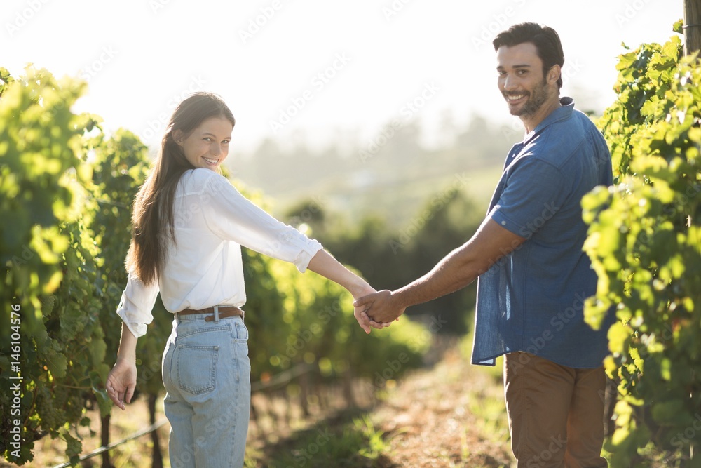 Portrait of smiling couple holding hands at vineyard