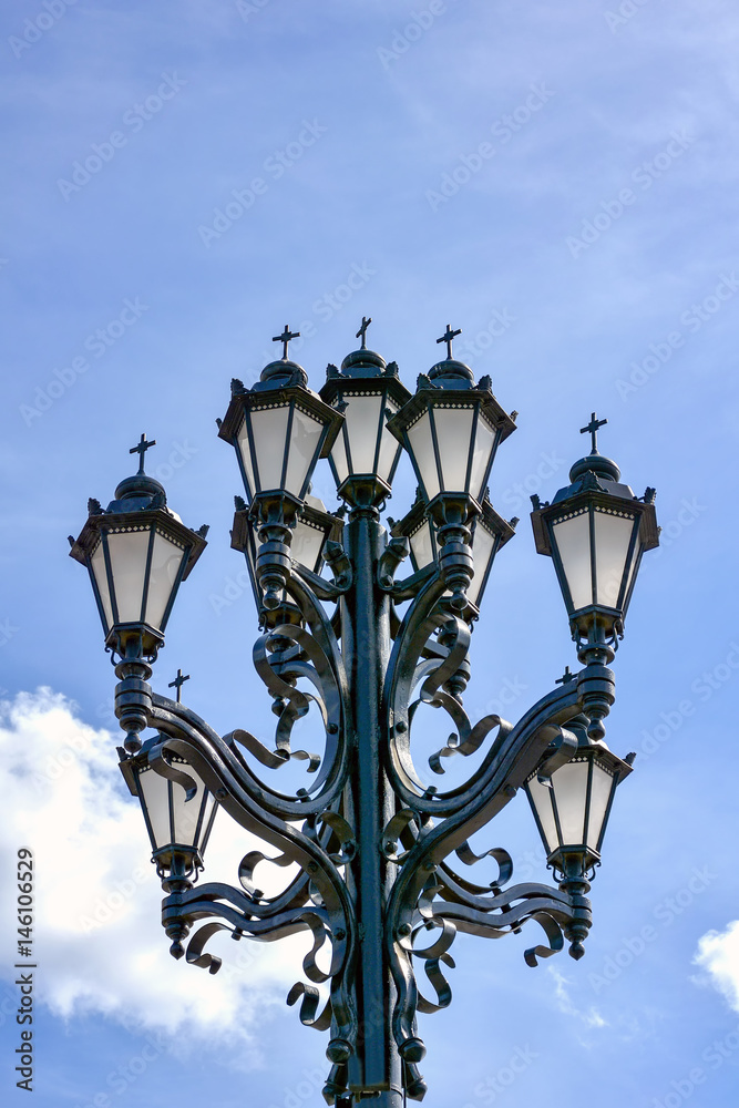 Old lamppost in front of the Cathedral of Christ the Savior in Moscow, Russia