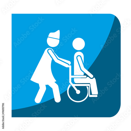 color square frame with nurse helping to person in wheelchair vector illustration